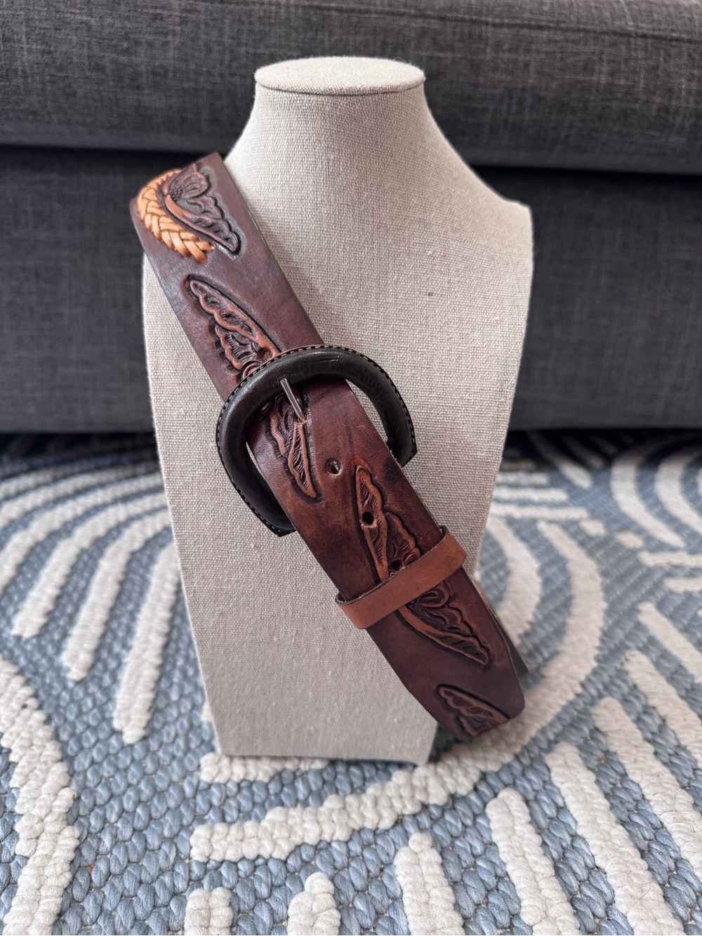 Vintage Western Tooled Leather Braided Floral Belt Size 34 Unisex